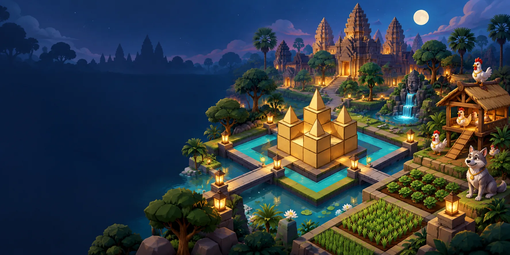 WAT LOKA key art: a golden five-tower sanctuary on a glowing moat at night, with Angkor temples, lanterns, rice fields, Royal Palace hens and the Moon Wolf