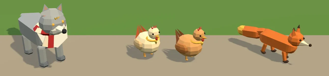Concept models: Moon Wolf, two Royal Palace hens and Ember Fox